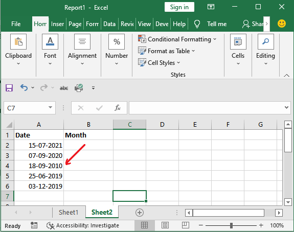 Date to month in excel