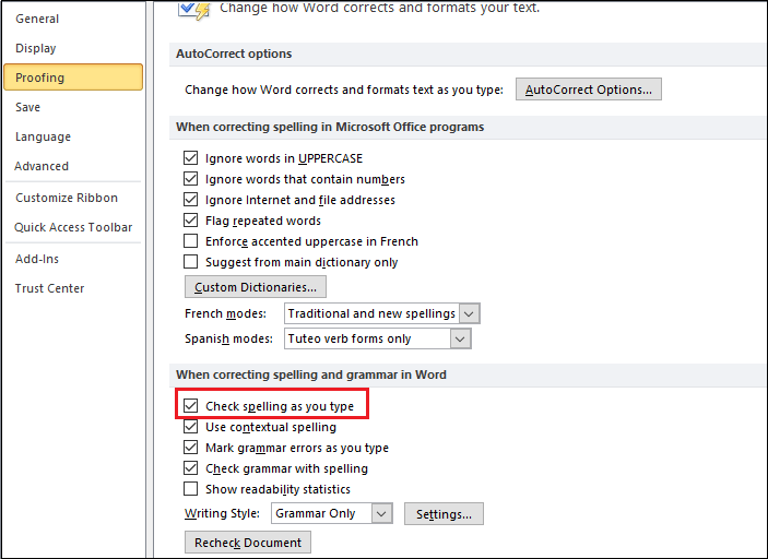 How to enable Spell Check in Word