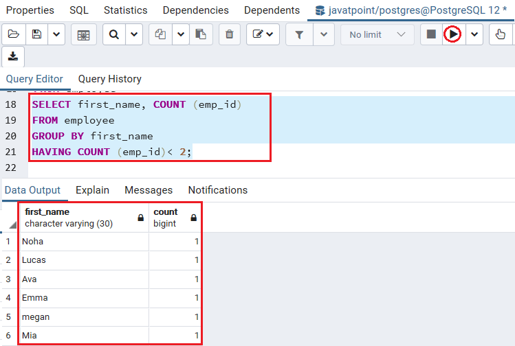 PostgreSQL Having clause