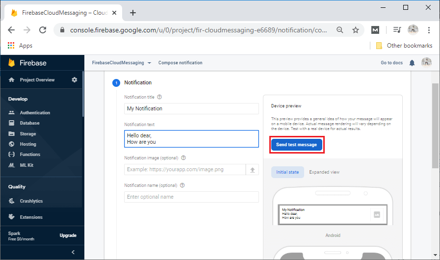 Sending a Notification Message using Firebase Cloud Messaging