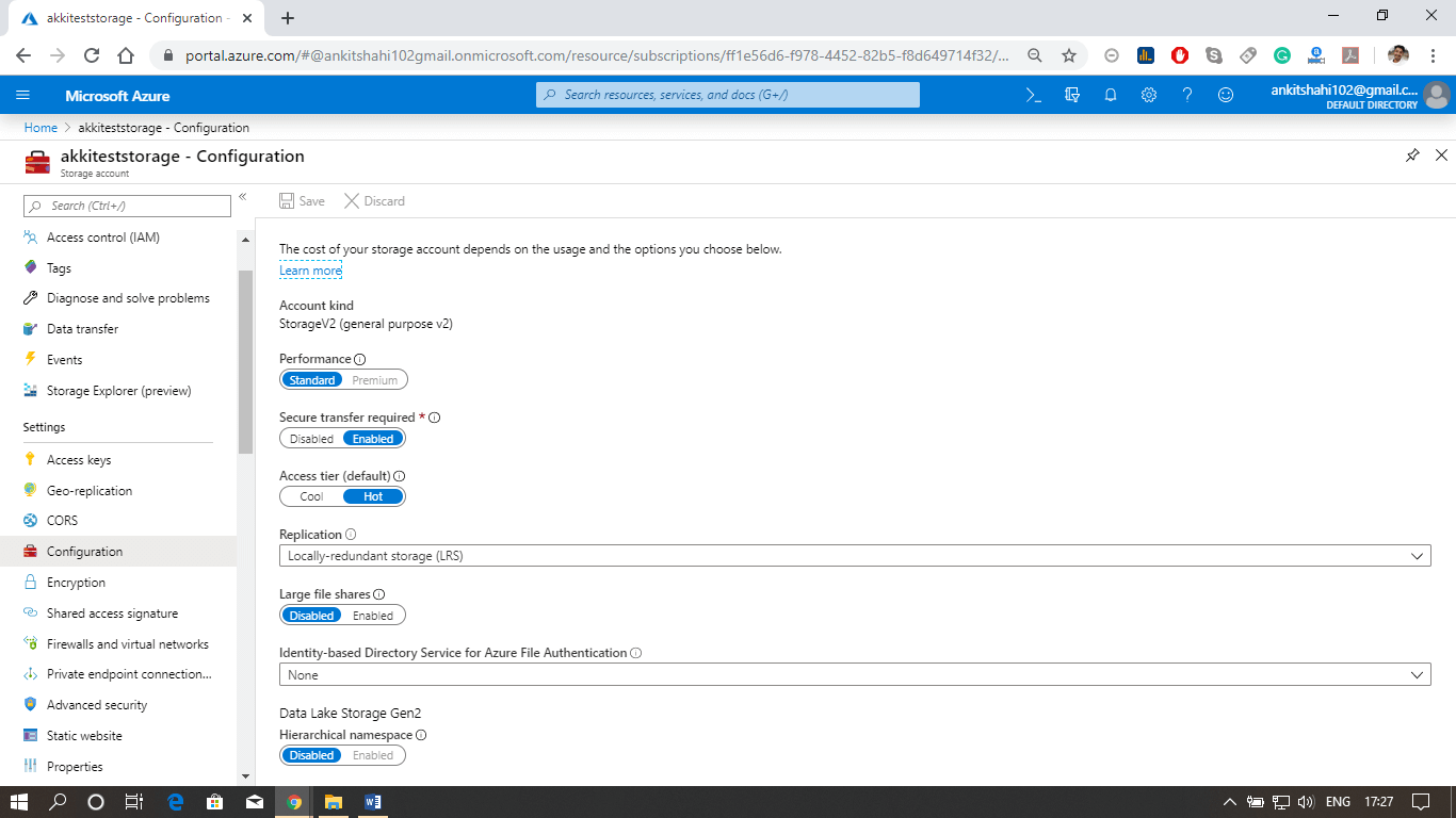 Storage account and Blob service configuration