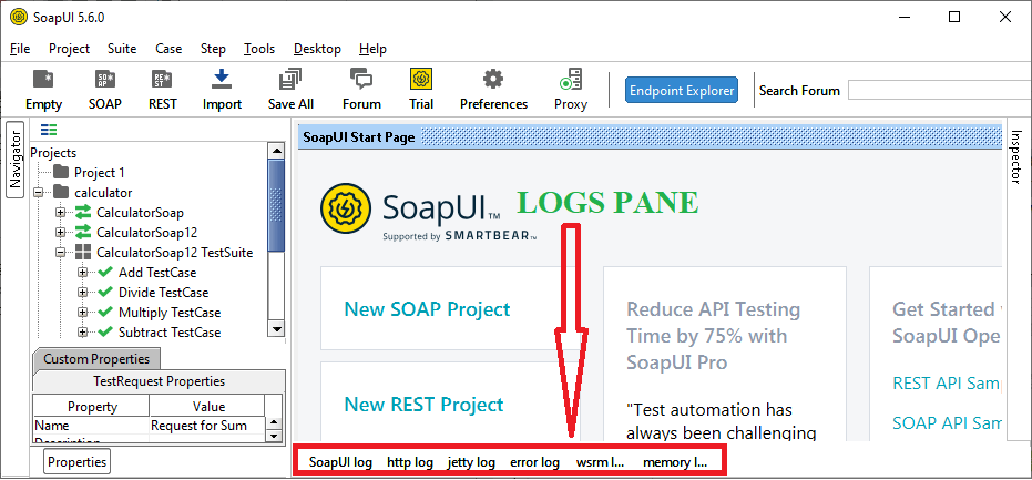 SoapUI Response and Logs Pane