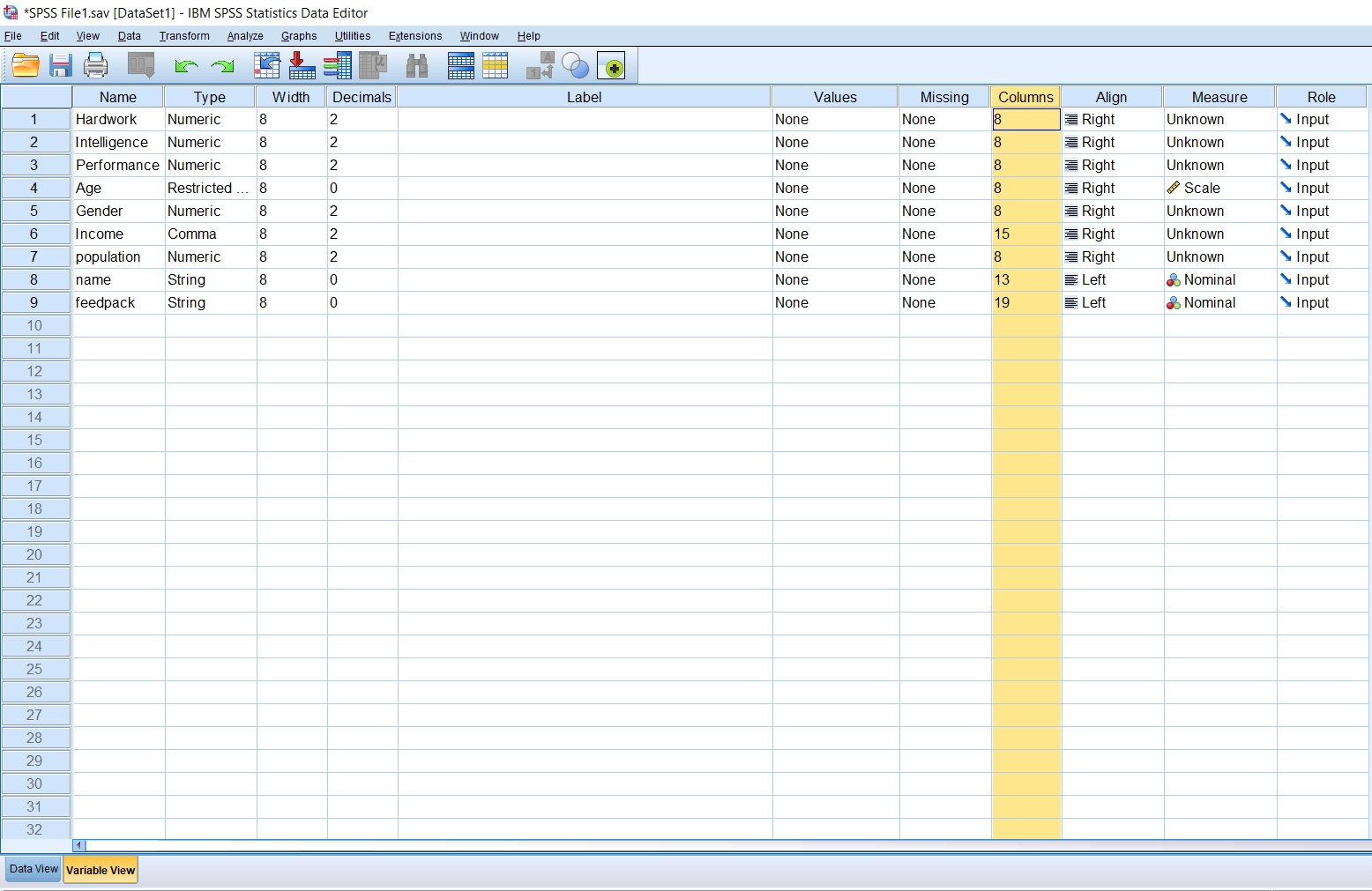 Columns and Alignment in SPSS