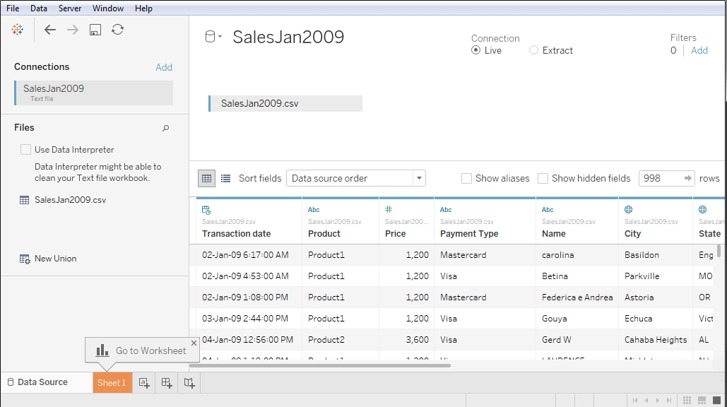 Tableau Data Connection with Text File