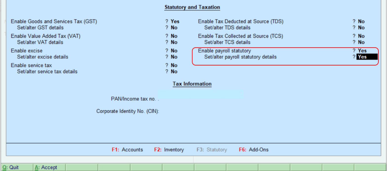 Enable Payroll Statutory Features in Tally
