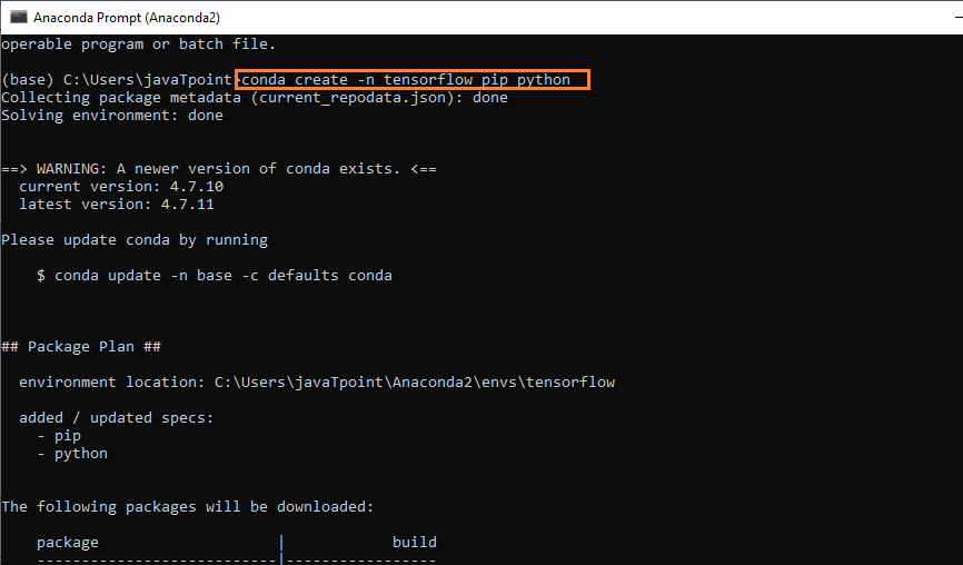 Installation of TensorFlow through conda