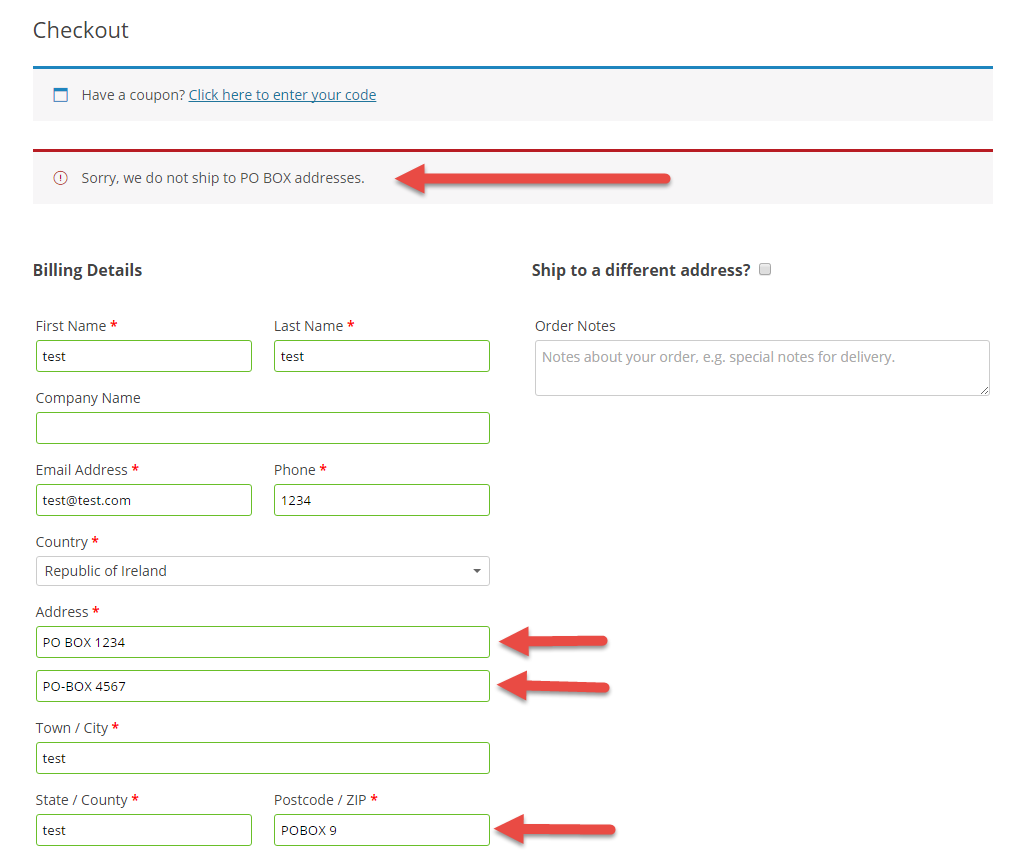 WooCommerce: Disallow PO BOX Shipping and Display Error