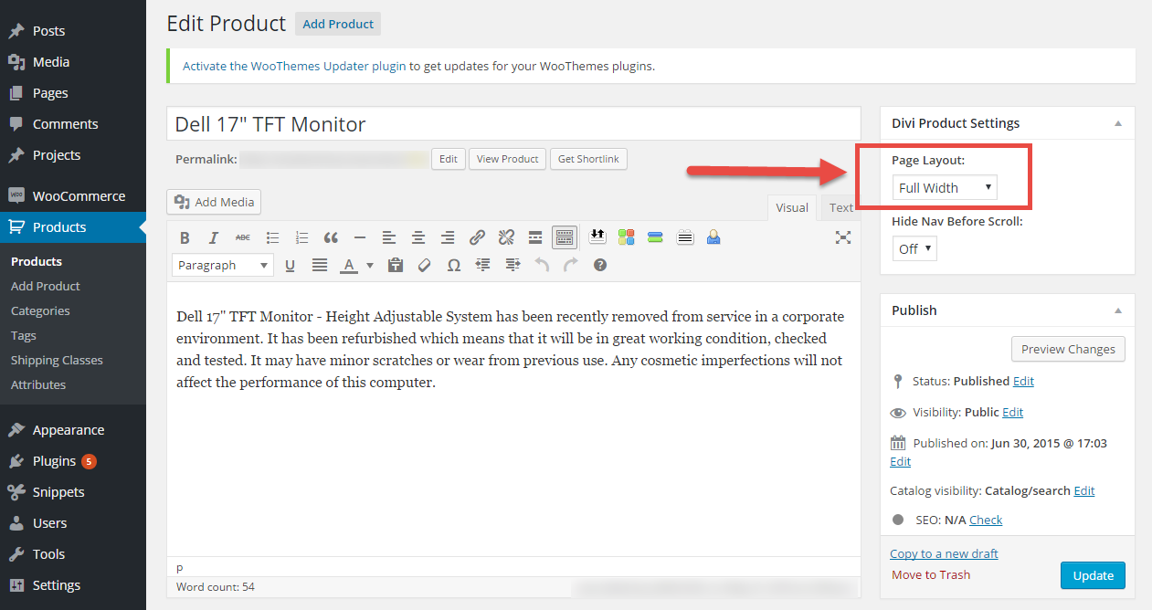 Divi & WooCommerce: remove the sidebar on the single product page
