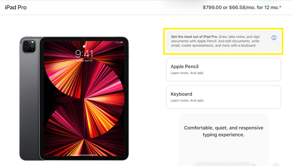A slide-in upsell for an Apple Pencil.