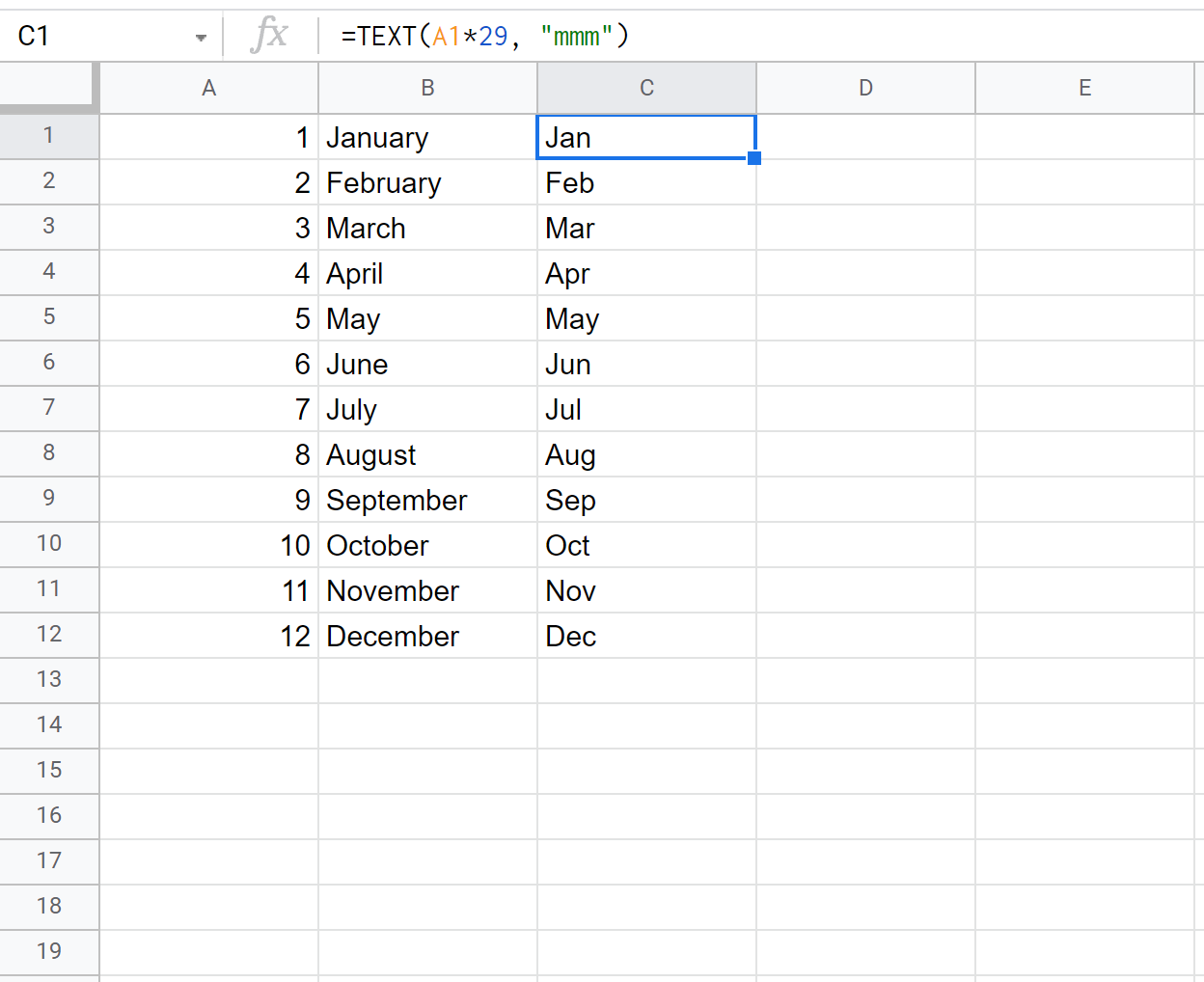 convert month number to abbreviated month name in Google Sheets