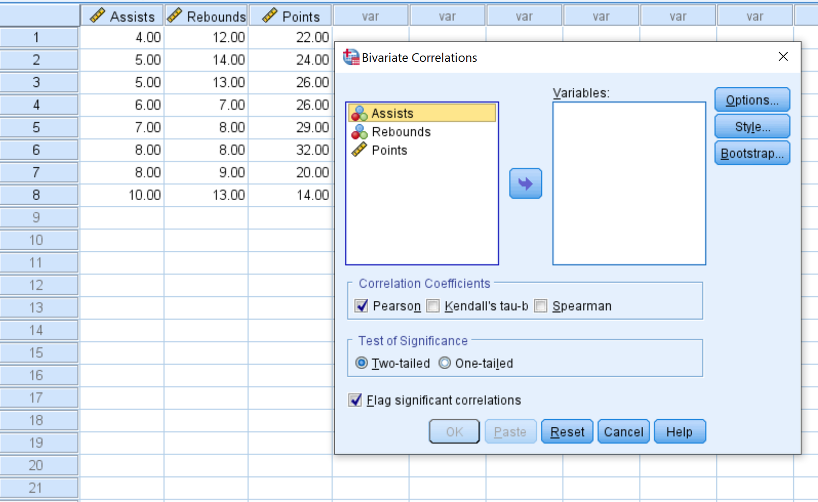 Bivariate correlations in SPSS