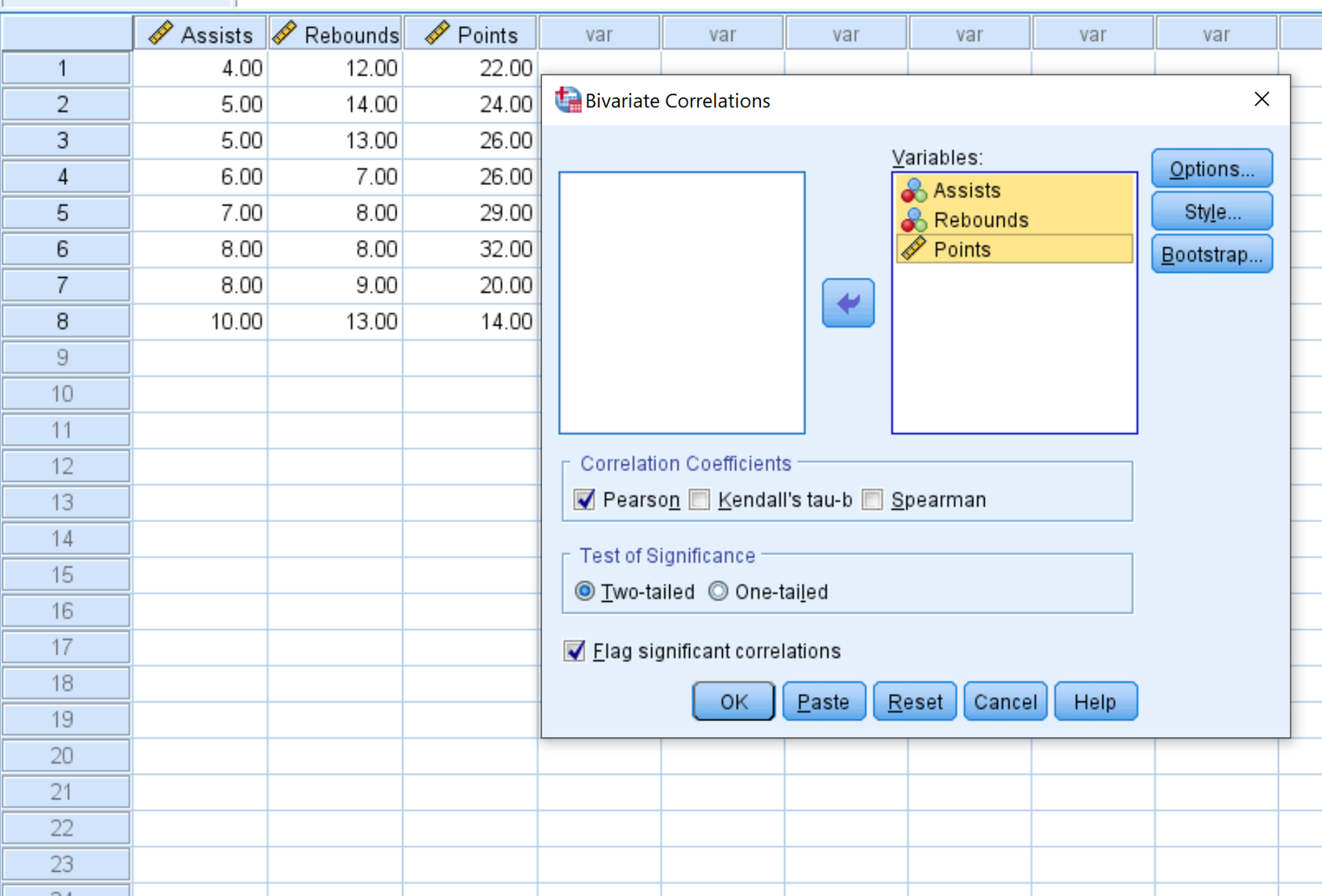 Correlation matrix in SPSS