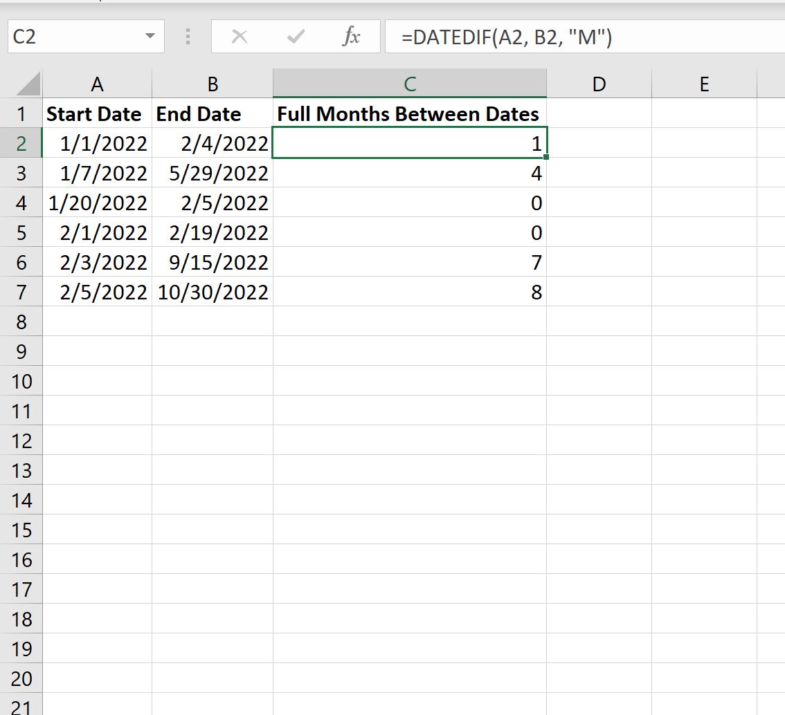 Excel calculate full months between dates