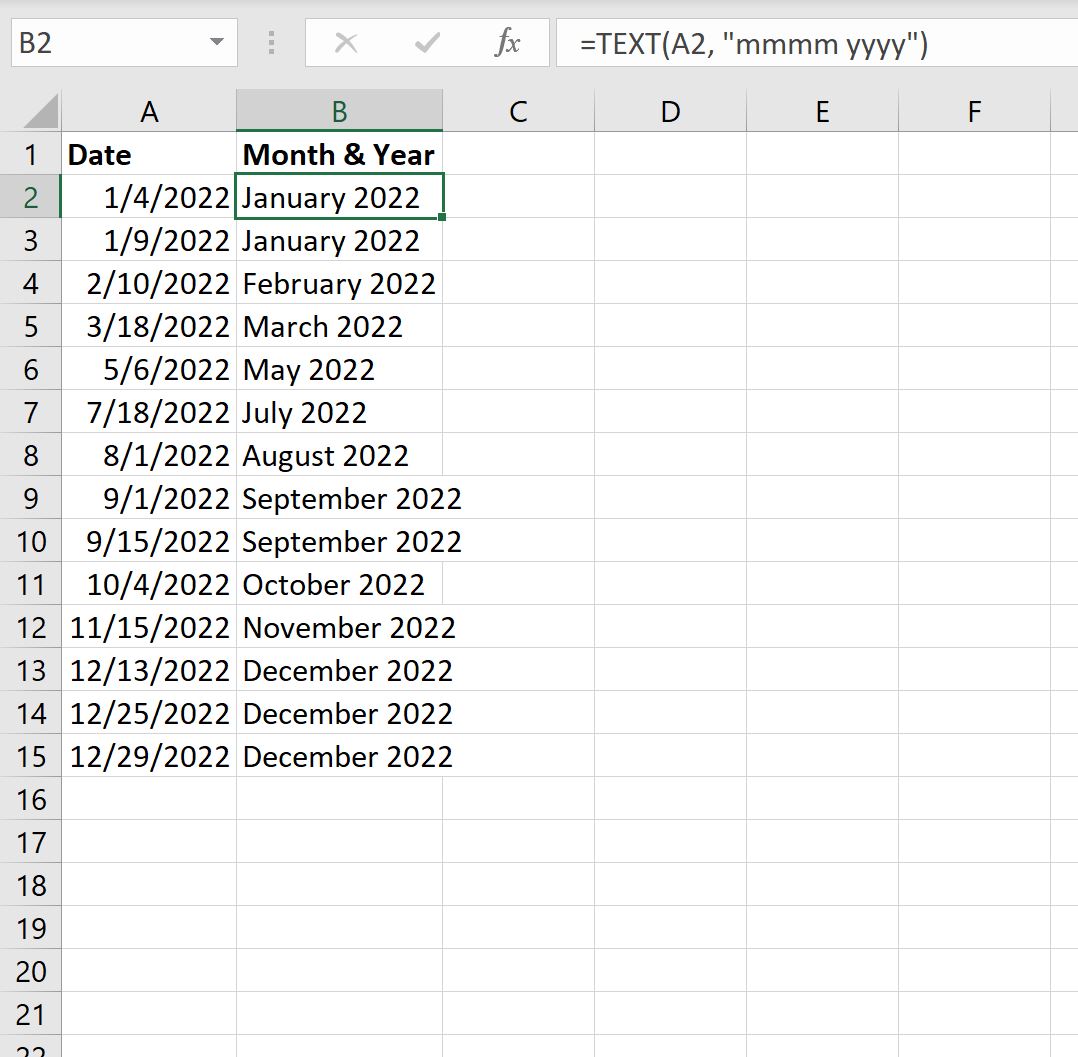 Excel convert date to month name and year