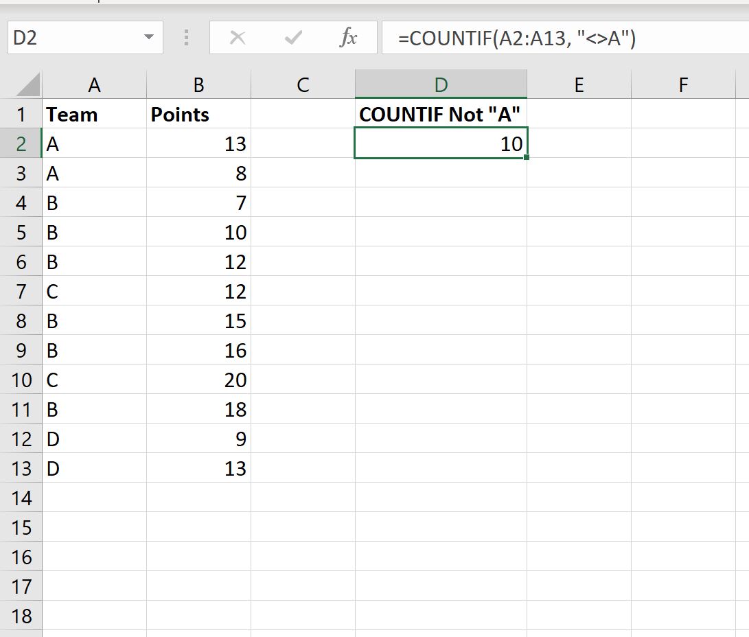 Excel countif not equal to value