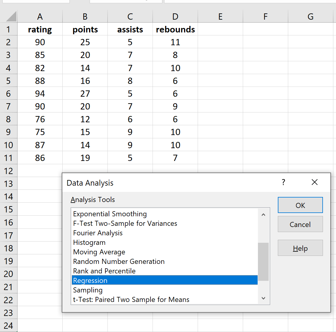 Regression with Data Analysis Toolpak in Excel