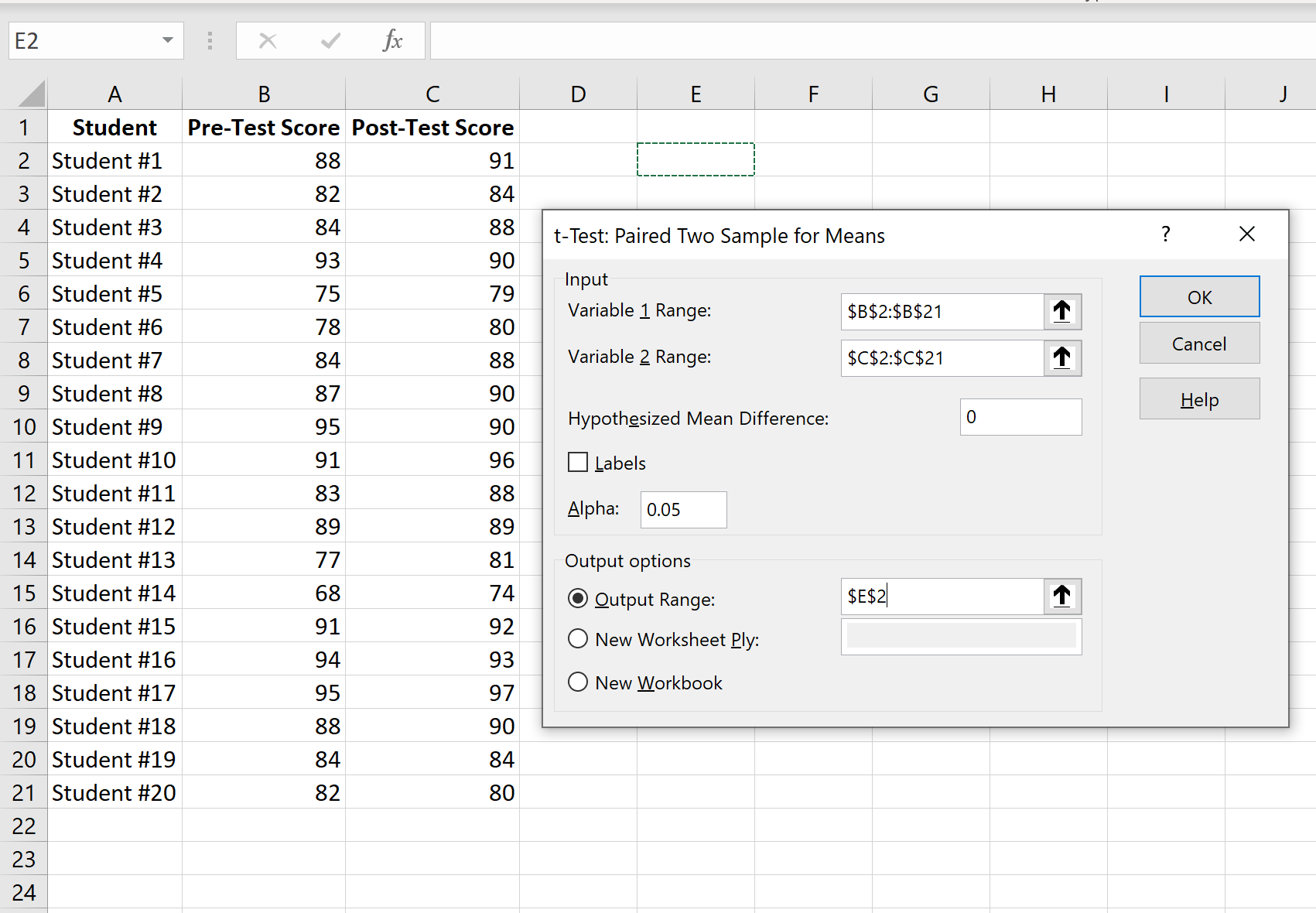Paired samples t test input data in Excel