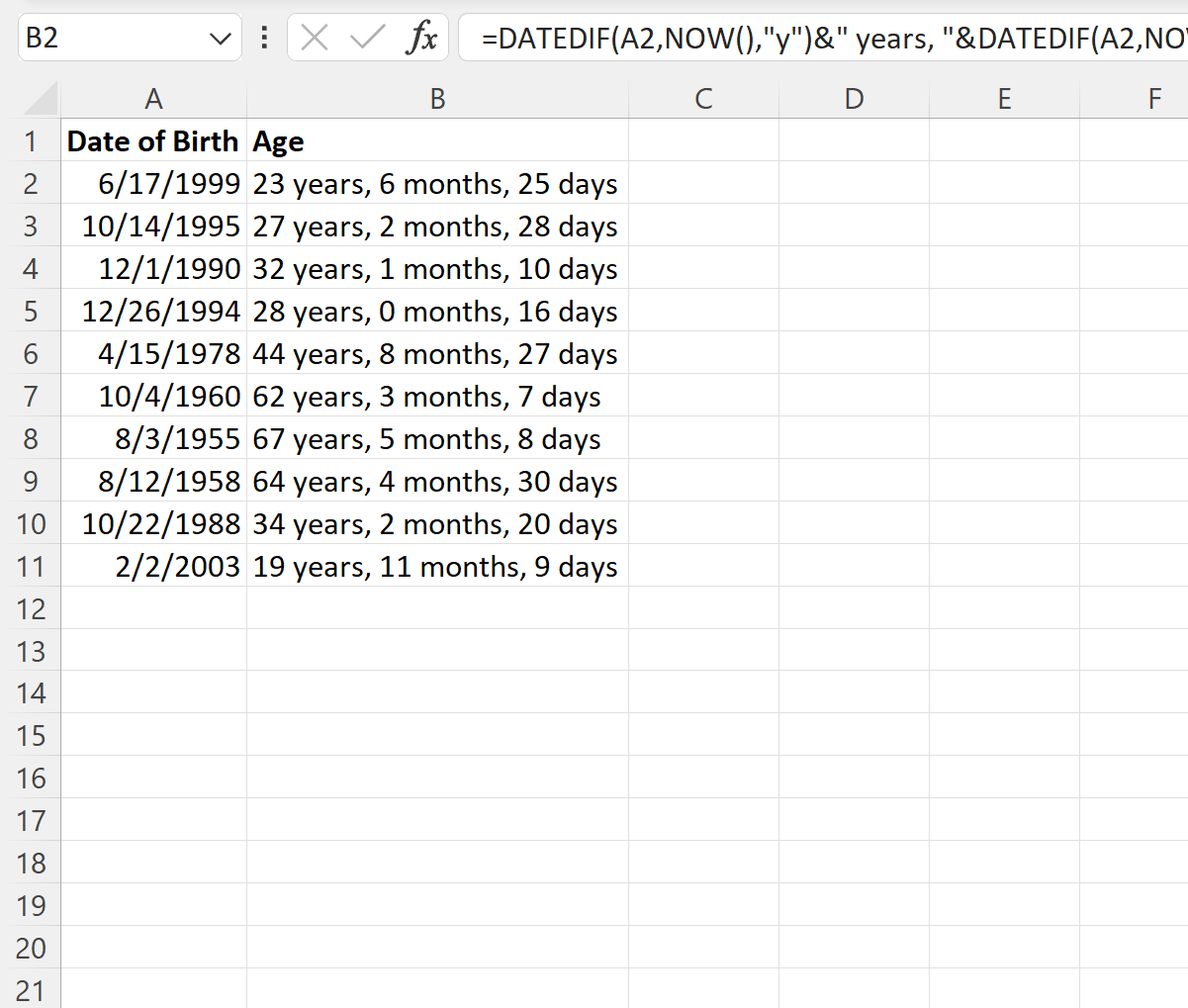 Excel convert date of birth to age in years, months, and days