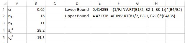 Confidence interval with F distribution in Excel
