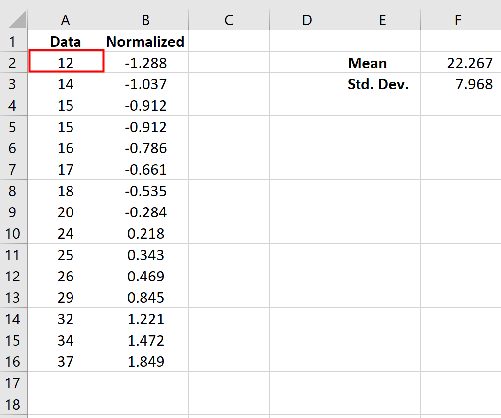Normalized data formula in Excel
