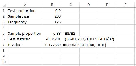 One-tailed one sample proportion Z test in Excel