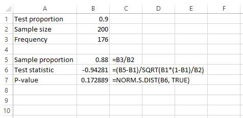 One-tailed one sample proportion Z test in Excel