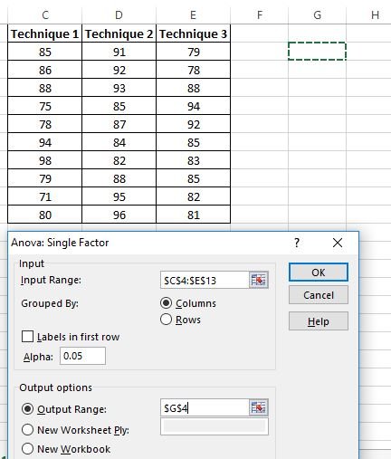 One way ANOVA in Excel