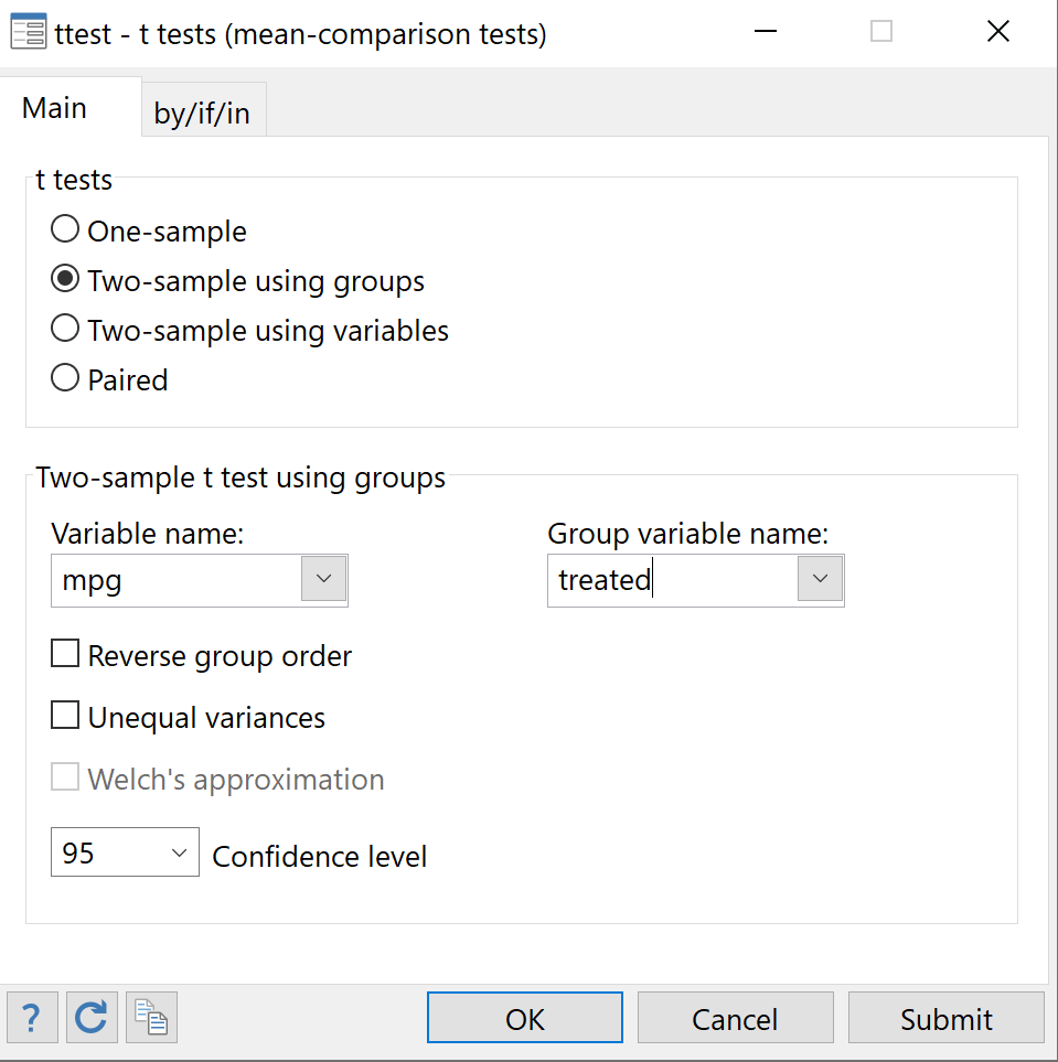 Two-sample t-test example in Stata