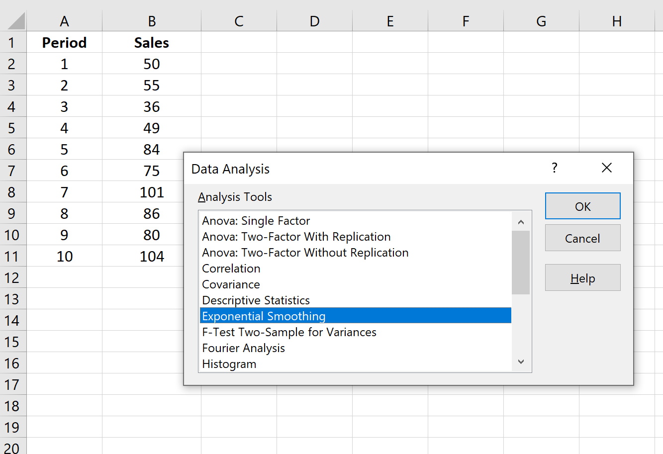 Exponential Smoothing example in Excel