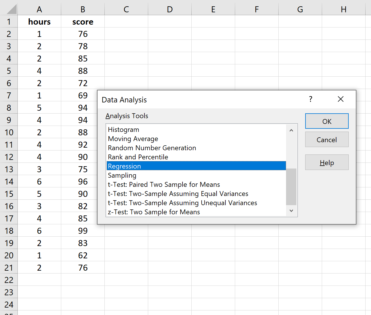 Regression option in Excel Data Analysis Toolpak