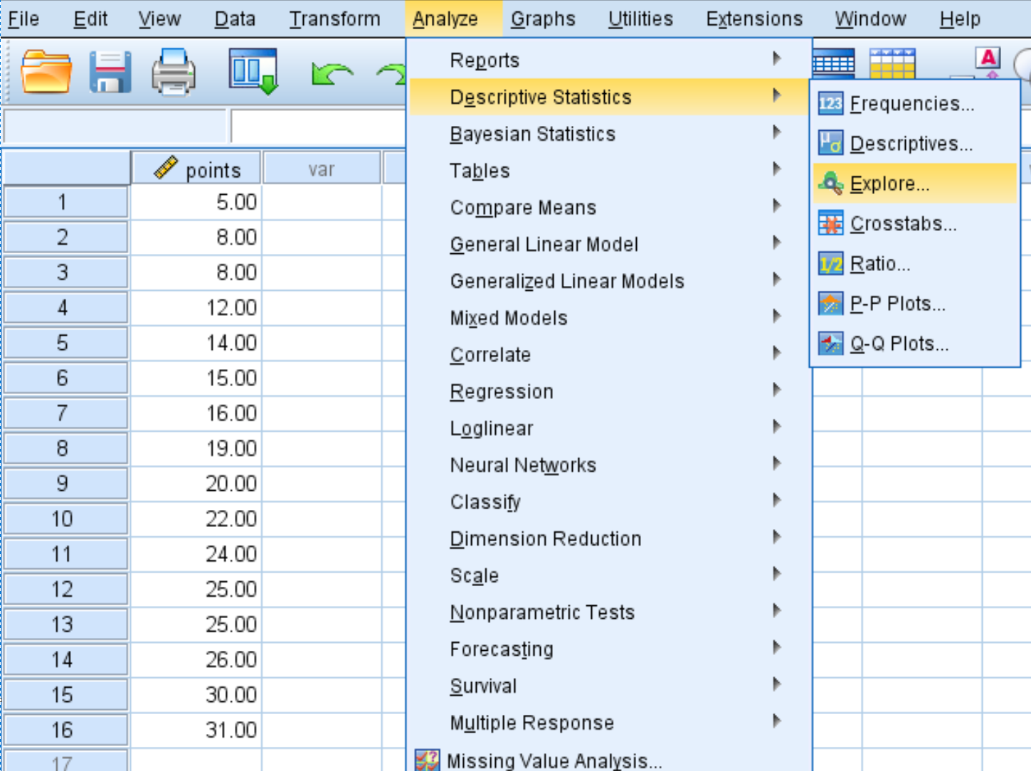 Descriptive statistics explore tab in SPSS